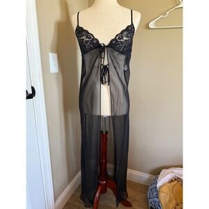 Frederick's of Hollywood Black Sheer Lace Trim Lingerie Gown - Size S
